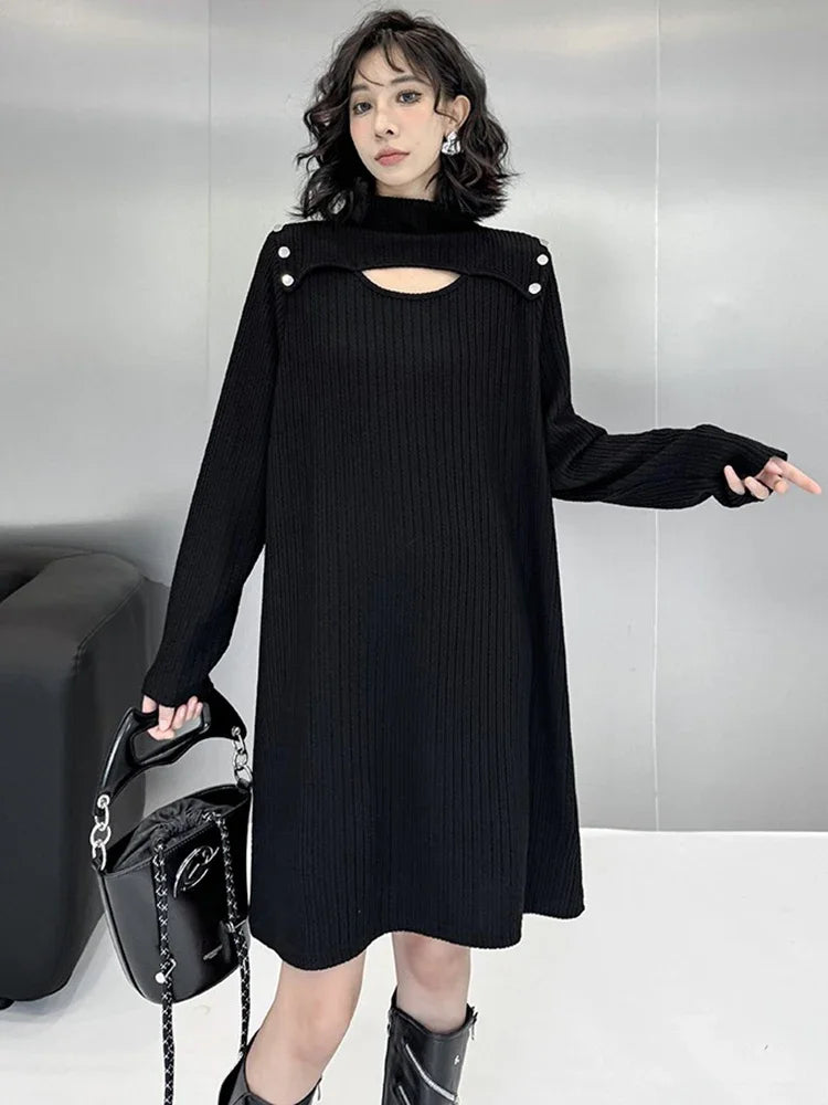 XITAO Solid Color Temperament Hollow Out Dress Loose Pullover Sliming Full Sleeve Mid-calf All Match Knitted Dress ZYY1022