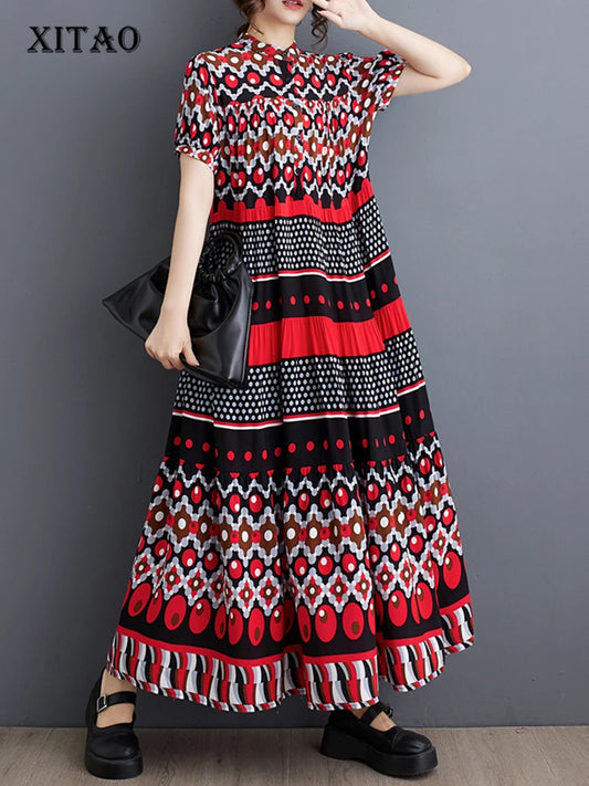 XITAO Casual Print Dress Loose Fashion Contrast Color Geometry Splicing Pattern 2024 Summer New Ethnic Style Dress ZY8692