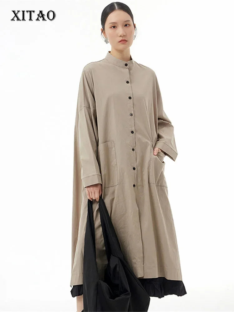 XITAO Split Dress Single Breast Solid Color Full Sleeve Goddess Fan Casual Style Loose Spring Minority Dress WMD5083