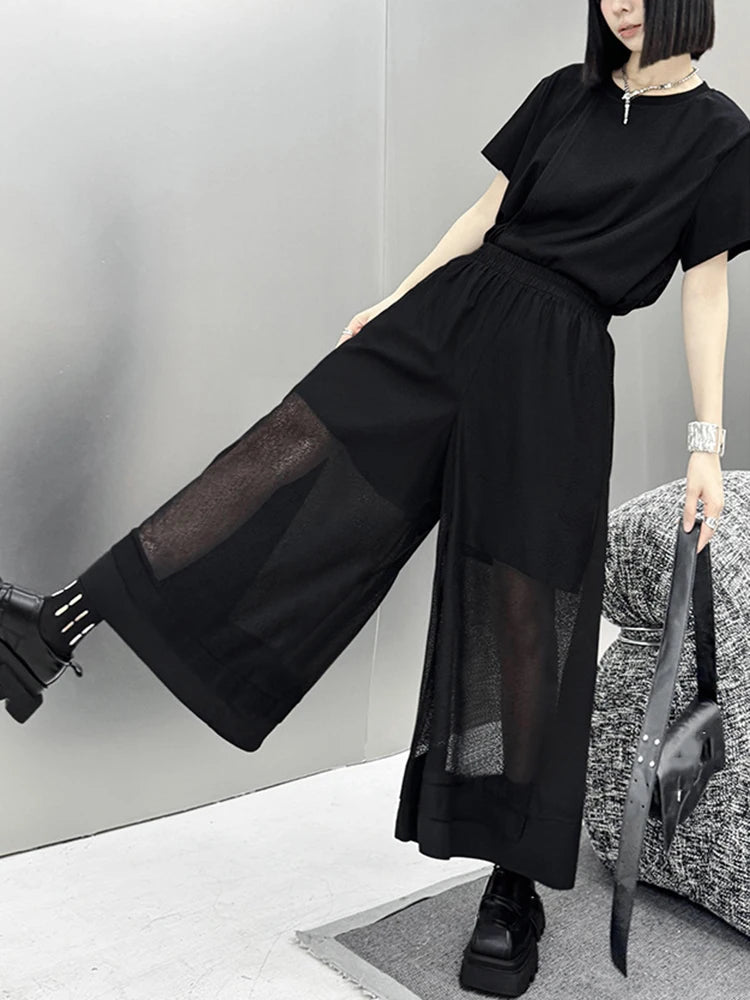 XITAO Black Mesh Wide Leg Pants Two Pieces Sets Loose Fashion Personality Asymmetrical Women Sets 2024 Summer New ZY8684