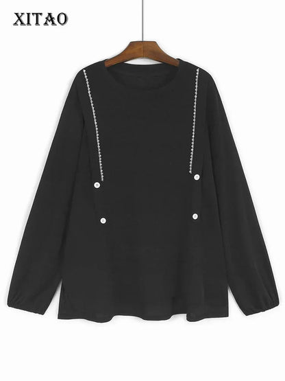 XITAO Beading Patchwork Button Contrast Color T-Shirts Side Split O-neck Long Sleeve Loose Casual All Match Top Spring GJ1128