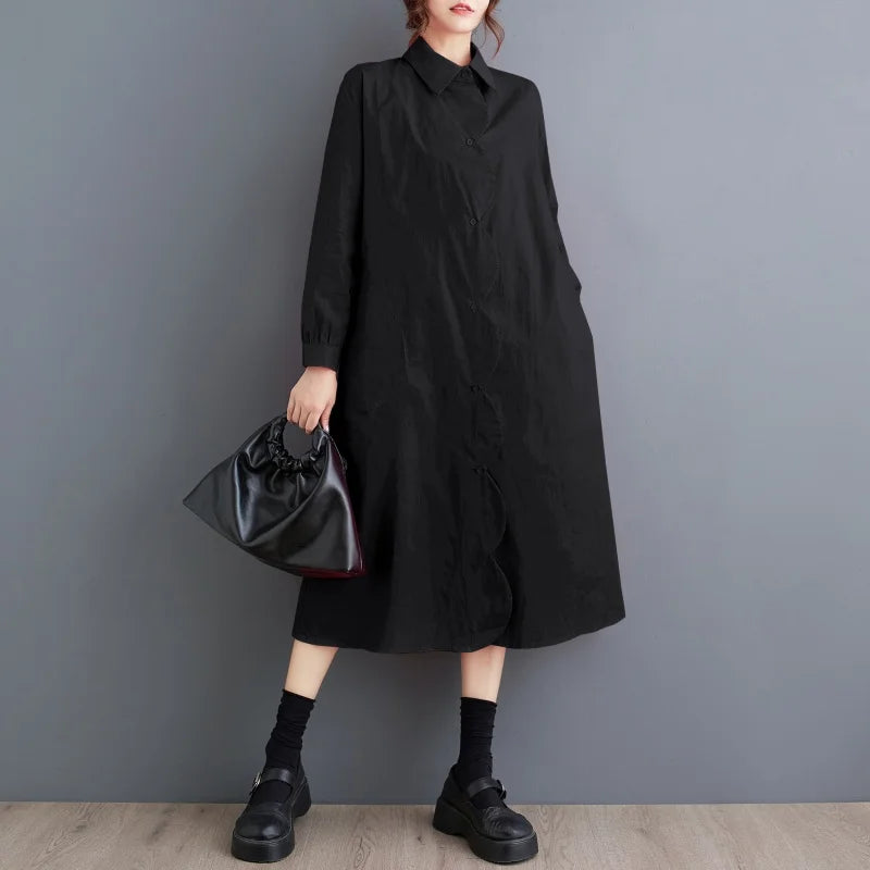 XITAO Turn-down Collar Single Breasted Shirt Dress Solid Color A-line Loose Fashion Mid-calf Korea Dress 2024 Autumn WLD20242