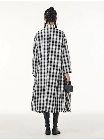 XITAO Patchwork Bow Single Breasted Plaid Loose Dress 2024 Spring New Casual Fashion Temperament All Match Show Thin WLD13002