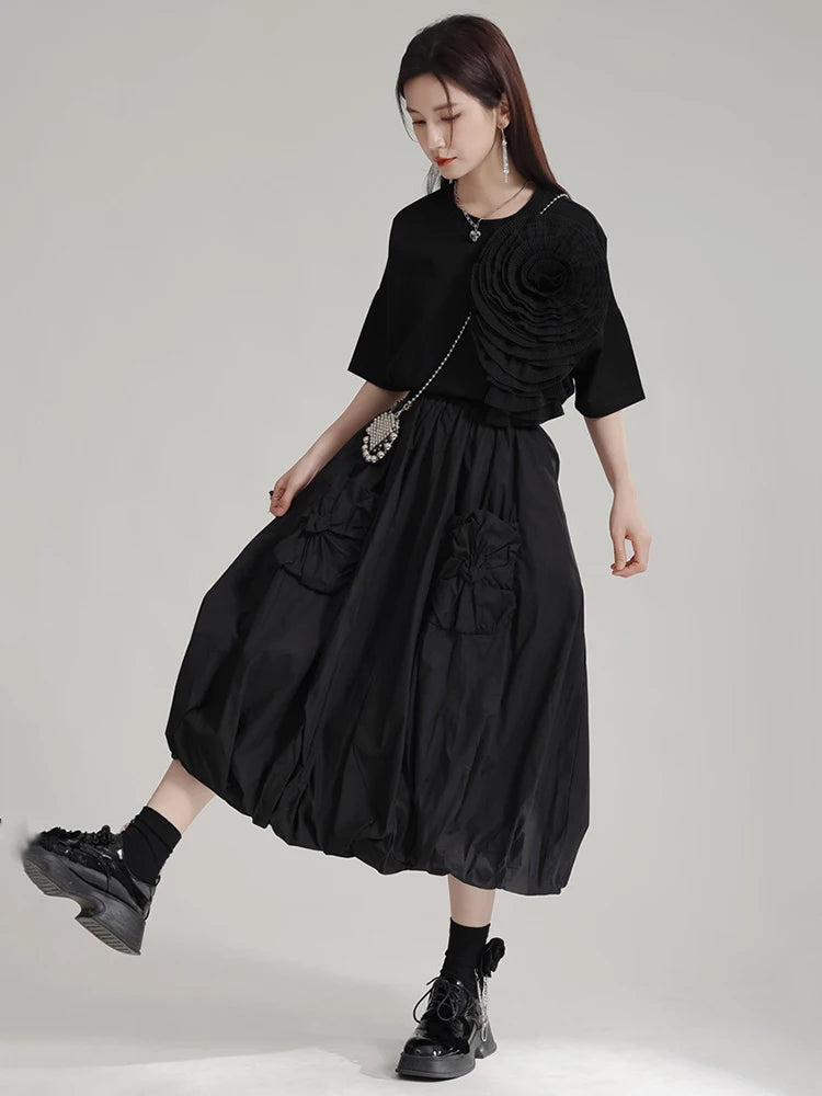 XITAO Loose Patchwork Folds Skirt Fashion Pocket Street Trend Women Summer New Casual Elastic Waist All-match Skirt LYD1859