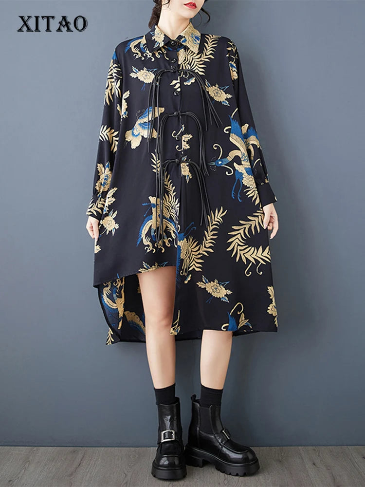 XITAO Irregular Print Patchwork Tassels Dress Casual A-line Mid-calf Full Sleeve Single Breasted Autumn Women Dress GMM1305