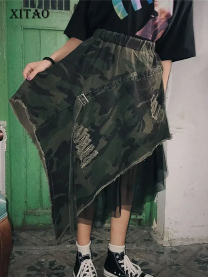 XITAO Camouflage Mesh Splice Long Skirt Street Asymmetrical High Waist Summer Clothes for Women Fashion Loose Casual  XJ1689