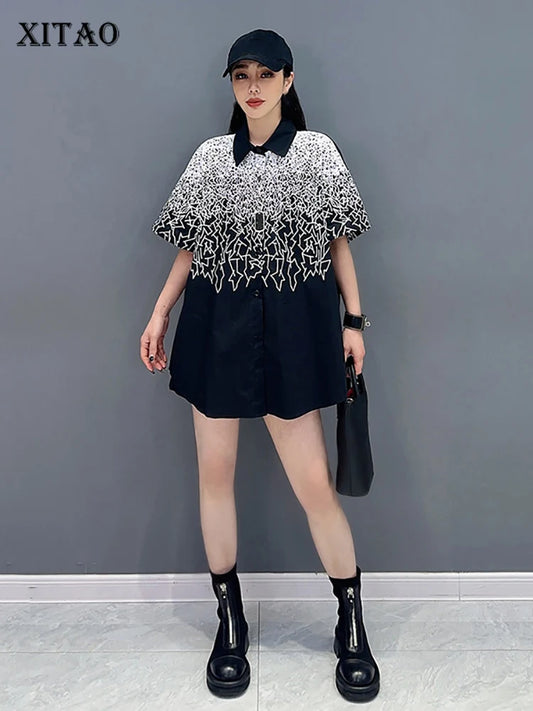 XITAO Casual Print Shirt Turn-down Collar Short Sleeve Single Breasted Loose Simplicity Summer Fashion Women New Shirt LYD1682