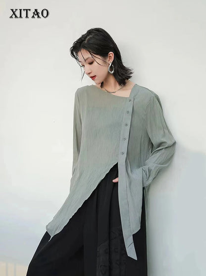 XITAO Irregular Solid T-shirt Asymmetrical Collar Full Sleeve Loose Simplicity All Match Casual Fashion Women New Top LYD1762