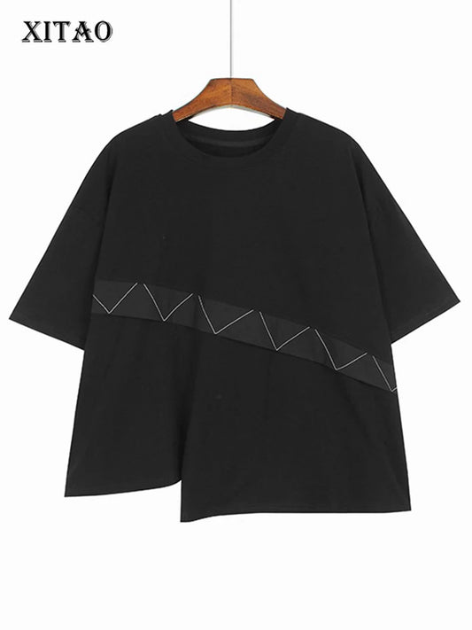 XITAO Patchwork Geometric Asymmetrical T-shirts O-neck Solid Color Short Sleeve Loose Casual Tops 2024 Summer All Match GJ1018