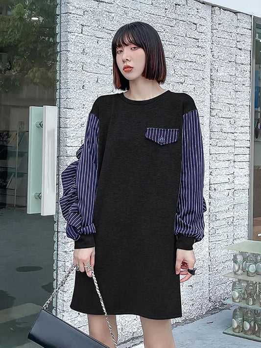 XITAO Casual Women Sweatshirt Dress Spring New Patchwork Striped Pattern O- Neck Loose Mini Simplicity Fashion WMD3617