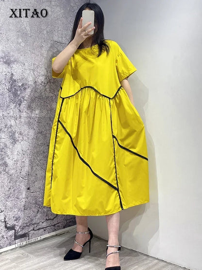 XITAO Casual Fashion T-shirt Dress Loose Simplicity Temperament Contrast Color Line Decoration Dress Summer New Women ZY8437