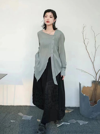 XITAO Irregular Solid T-shirt Asymmetrical Collar Full Sleeve Loose Simplicity All Match Casual Fashion Women New Top LYD1762