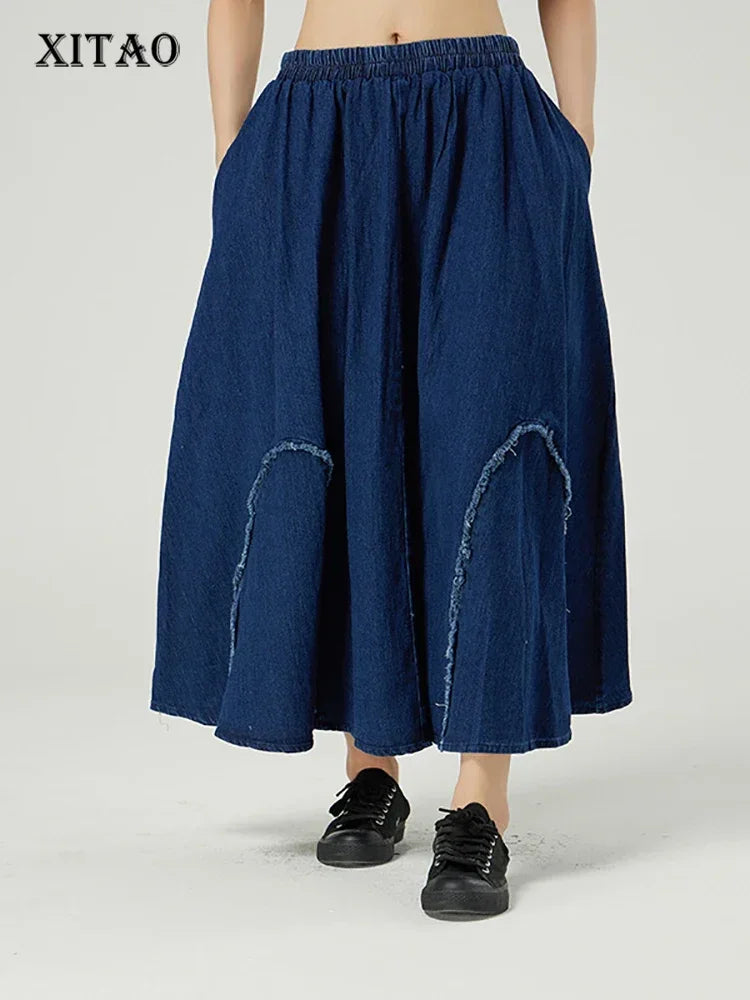 XITAO Vintage Denim Skirt Fashion New Pocket Elastic Waist Spring Summer Pleated Small Fresh Irregular Patchwork Skirt GWJ0153