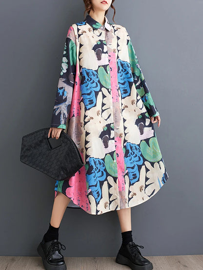 XITAO Loose Vintage Print Female Shirt Dress Casual Long Sleeve Women Autumn New Simplicity All-match Asymmetric Dress HJF8189