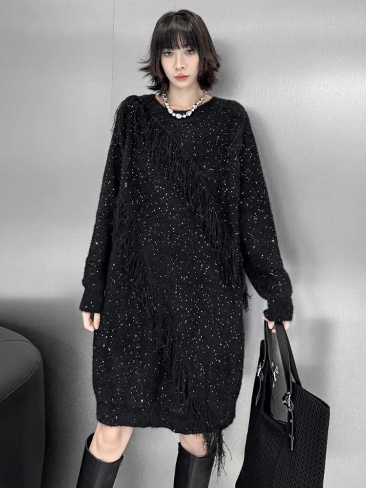 XITAO Casual Tassel O-neck Dress Loose Fashion Sequin Women Personality Trendy Solid Color Slimming Irregular Dress GYX1701