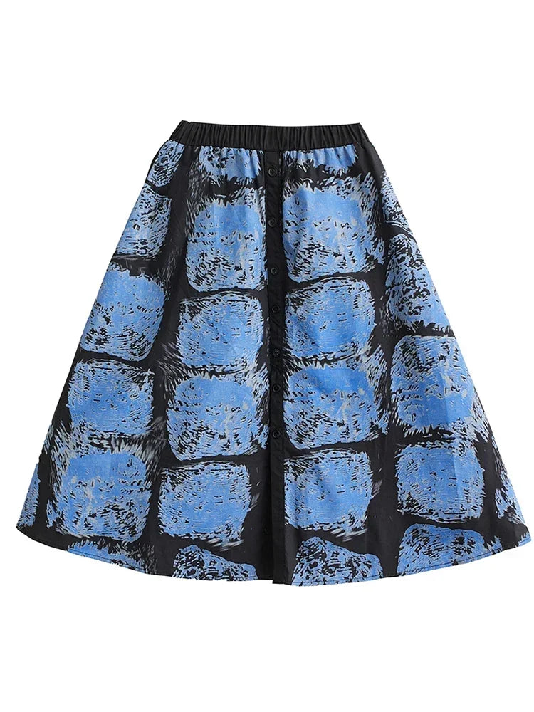 XITAO Single Breasted Pocket Print Skirts Elastic Waist Korea Loose Mid-calf Fashion Skirts New Arrival All Match DMJ3367