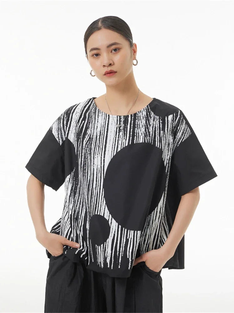 XITAO Print Pattern T Shirt Pullover Goddess Fan Casual Style Striped Minority Patchwork Summer Loose Tee Top WLD16682