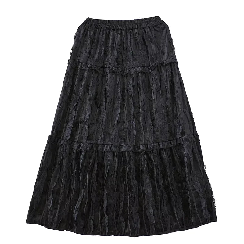 XITAO Lace Patchwork Loose Fold Women Skirt Solid Color Autumn Casual Dark Personality Velvet Fashion Female Skirt ZYY1031