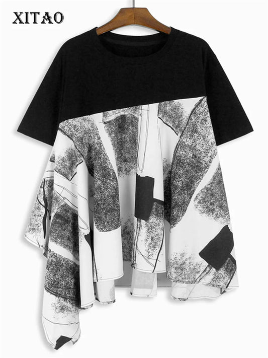 XITAO Print Patchwork Asymmetrical T-shirts O-neck Loose Short Sleeve Loose Slimming Casual Tops 2024 Summer New GJ1020