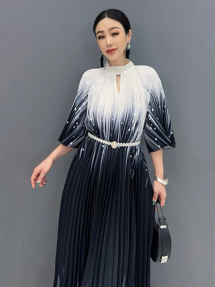 XITAO Senior Sense Gradient Color Dress Beading Stand Collar Pleated Dress Fashion New Three Quarter Sleeve Women WLD20256