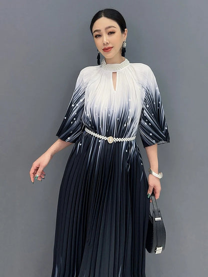 XITAO Senior Sense Gradient Color Dress Beading Stand Collar Pleated Dress Fashion New Three Quarter Sleeve Women WLD20256