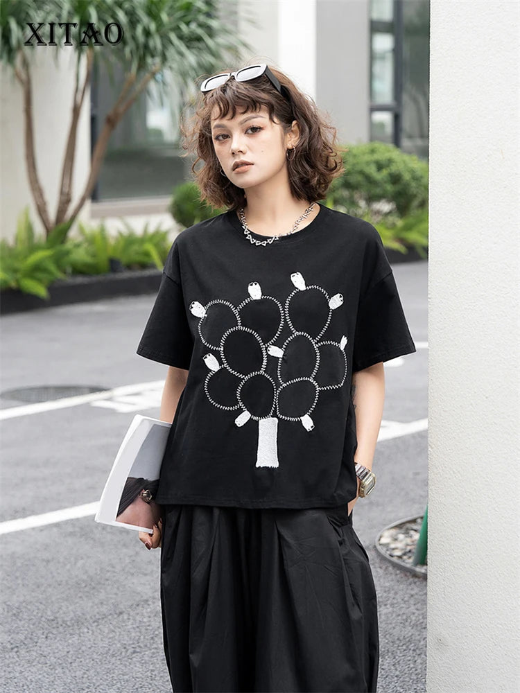 XITAO Casual Short Sleeve T-shirt Solid Color Fashion All Match Personality Simplicity O-neck Pullover Women New Top LYD1821