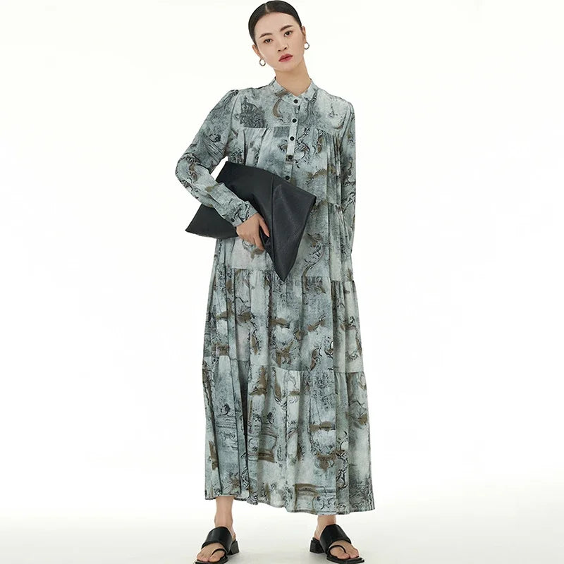 XITAO Vintage Print Temperament Dress Fashion Street Trendy Slimming Loose Stand Collar Patchwork Women New Dress DMJ3637