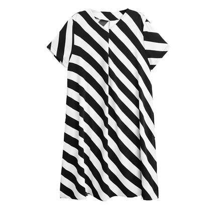 XITAO Striped Slit Dress Casual Fashion Contrast Color O-neck Collar Short Sleeve T-shirt Dress 2024 Summer New Women ZY8820