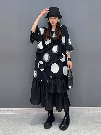 XITAO Chiffon Flounced Edge Dress Fashion Contrast Color Big Dot Casual Loose Dress 2024 Summer New Simplicity Women LYD1731