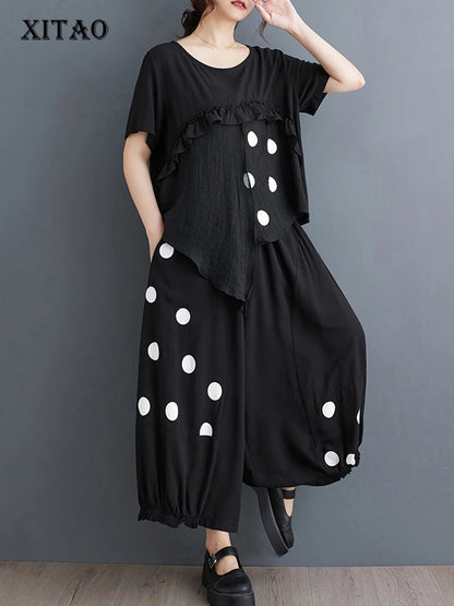 XITAO Polka Dot Print Irregular Two Piece Set Loose Patchwork Top Casual Pleated Wide Leg Pants 2024 Summer Women New HQQ2378