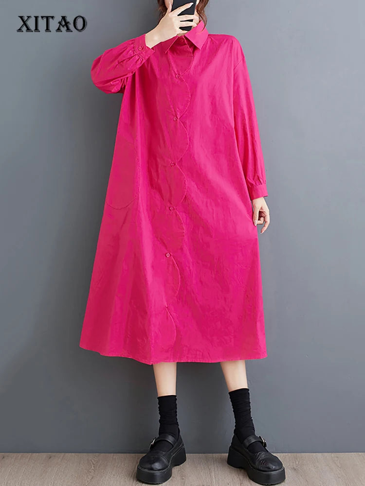 XITAO Turn-down Collar Single Breasted Shirt Dress Solid Color A-line Loose Fashion Mid-calf Korea Dress 2024 Autumn WLD20242