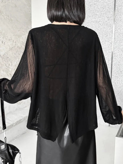 XITAO Asymmetrical Shirring Lantern Sleeve T-shirt Solid Color O-neck Loose Slimming Tops 2024 Autumn New All Match HQQ2407