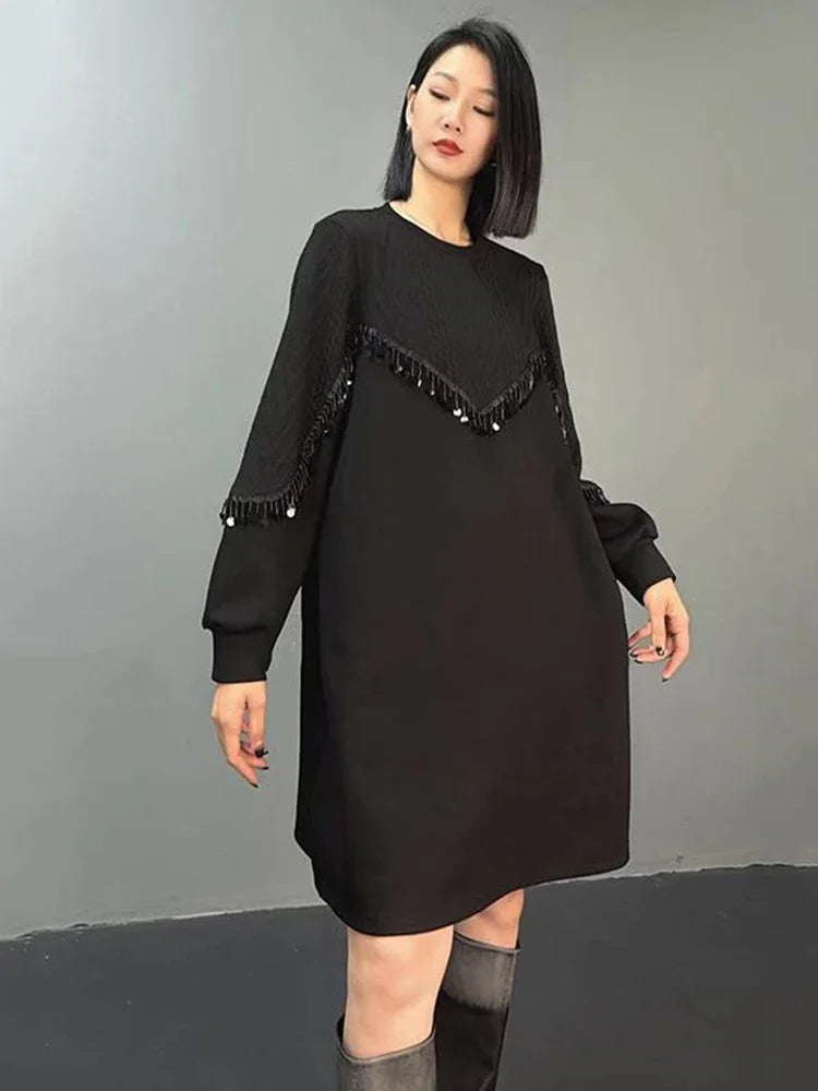 XITAO A-line Casual Knee-length O-neck Women Dress Fashion Trendy Patchwork Full Sleeve Knitted Loose Female Dress GMM1091