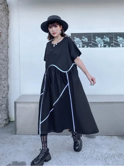 XITAO Pleated Dress Striped Pullover Half Sleeve Goddess Fan Casual Style 2024 Summer Minority Loose Elegant Dress WMD7034