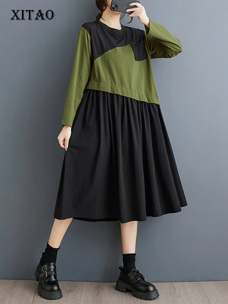 XITAO Patchwork Color O-neck Women Dress Casual 2024 New Autumn Long Sleeve All Match Pullover A-line Mid Calf Dress GYX1040