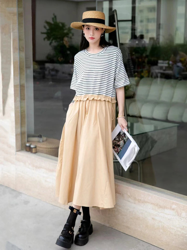 XITAO Striped False Two Pieces T-shirt Dress Loose Fashion Contrast Color Drawstring Patchwork Dress Summer New Women GJ1013