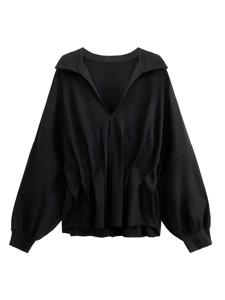 XITAO Asymmetrical Folds Batwing Sleeve Women Blouse Solid Color V-neck Pullover Loose Slimming Top Coat 2024 Autumn New ZY8887