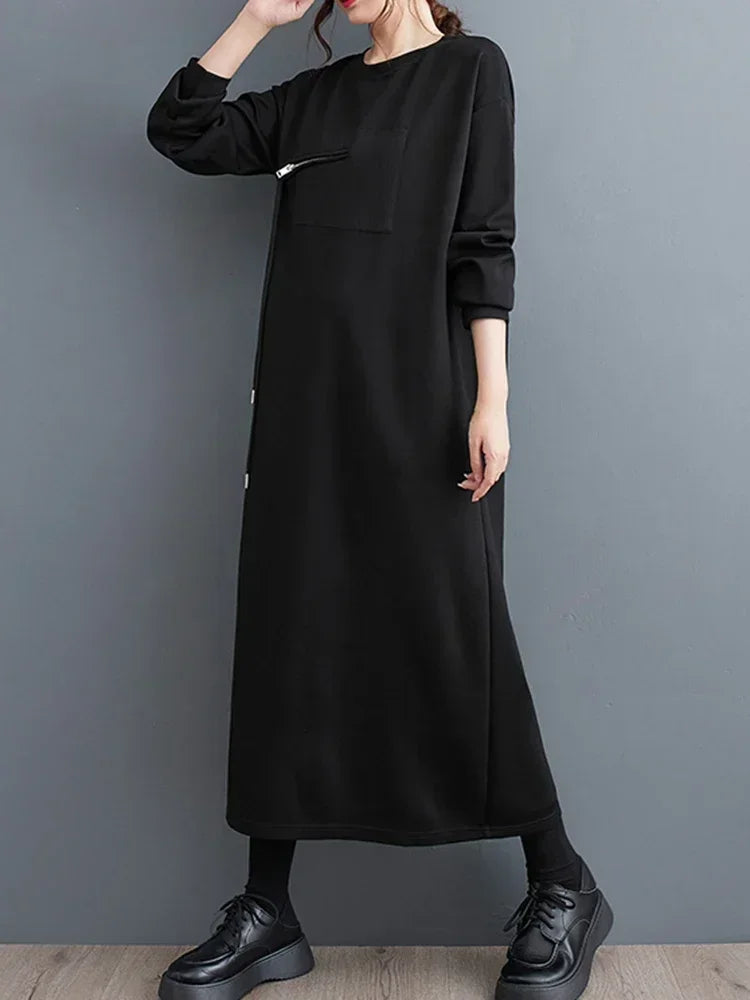 XITAO O-neck Full Sleeve Loose Dress Casual Fashion Solid Color Zippers Design Simplicity Autumn Women New Dress DMJ2690