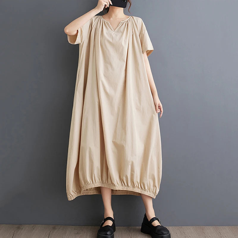 XITAO Pleated Solid Color Simplicity A-line Dress Loose V-neck Short Sleeve Fashion All-match Summer Women New Dress WLD20245