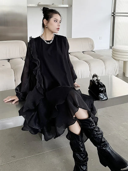 XITAO Gauze Patchwork Asymmetrical O-neck Dress Solid Color Pullover Long Sleeve Fashion Temperament Dresses 2024 Autumn LJ1029