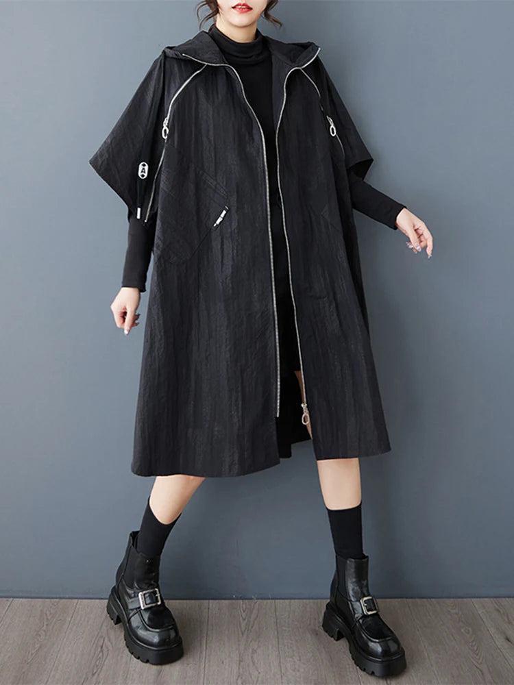 XITAO Patchwork Zipper Lapel Batwing Sleeve Coat Casual Solid Color A-line Goth Simple Fashion New Spring Female Trench GMM1337