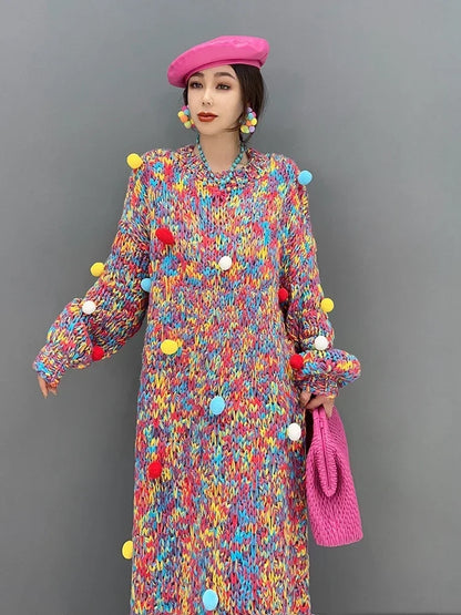 XITAO Mixed Color Knitting Dress Loose Pullover Three-dimensional Decoration Spring New Arrival Casual Fashion All Match SMH1008