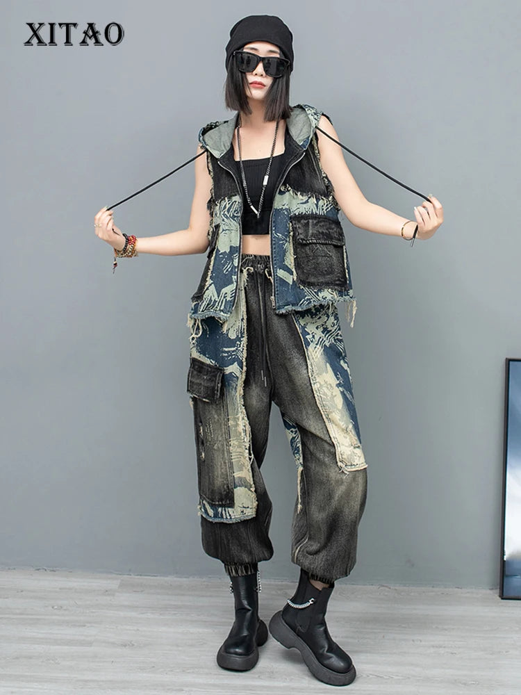 XITAO Personalized Fashion Pant Set New Print Patchwork Vintage Women Spring Hooded Vest Sleeveless Casual Loose Set DMJ4090