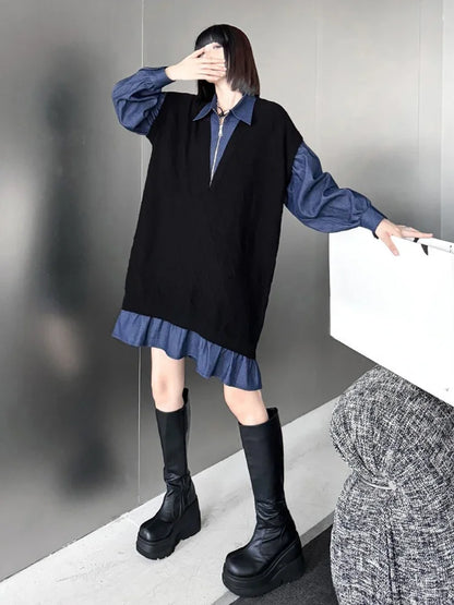 XITAO Knitting Patchwork Zipper Dress Turn-down Collar Pullover Long Sleeve Loose Slimming Fashion Dress 2024 Autumn New HQQ2417