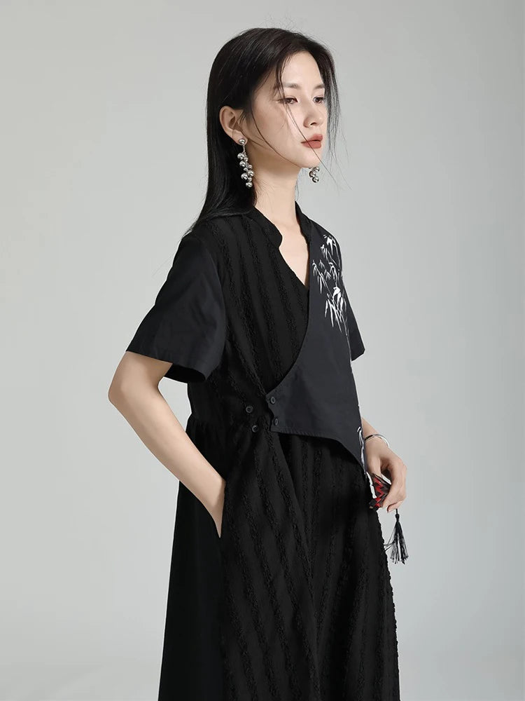 XITAO Asymmetrical Print Stand Collar Dress Solid Color Patchwork Short Sleeve Pullover Dress 2024 Summer New Fashion ZY8738