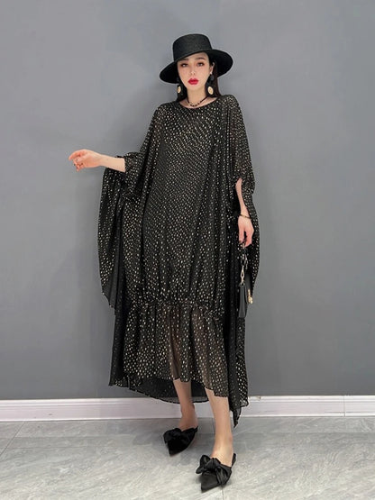 XITAO Batwing Sleeve Asymmetrical Dresses Wave Point O-neck Pullover A-line Mid-calf Slimming Women Dress Summer Fashion ZY8697