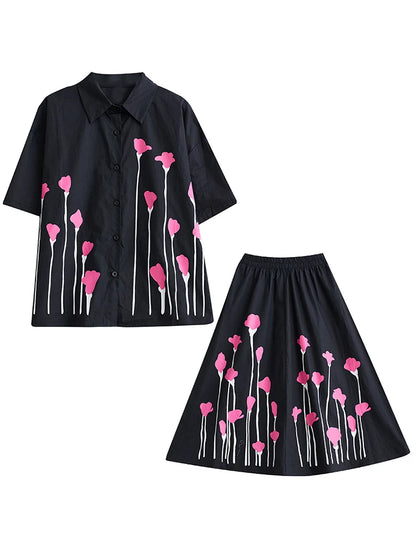 XITAO Casual Dress Sets Contrast Color Print Short Sleeve Shirt Top Skirt Two Pieces Sets Summer New Loose Casual Women DMJ4166