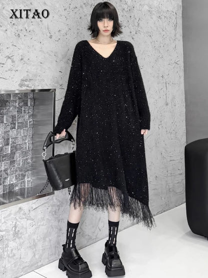 XITAO Sequins Tassel Patchwork Asymmetrical V-neck Dress Pullover Long Sleeve Loose Knitting Fashion Slimming Temperament GJ1127