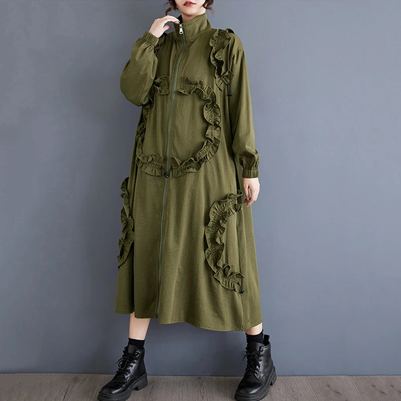 XITAO Fashion Casual Solid Color Temperament Female Trench Irregular Long Sleeve High Collar A-line Autumn Women Coat ZYY1054