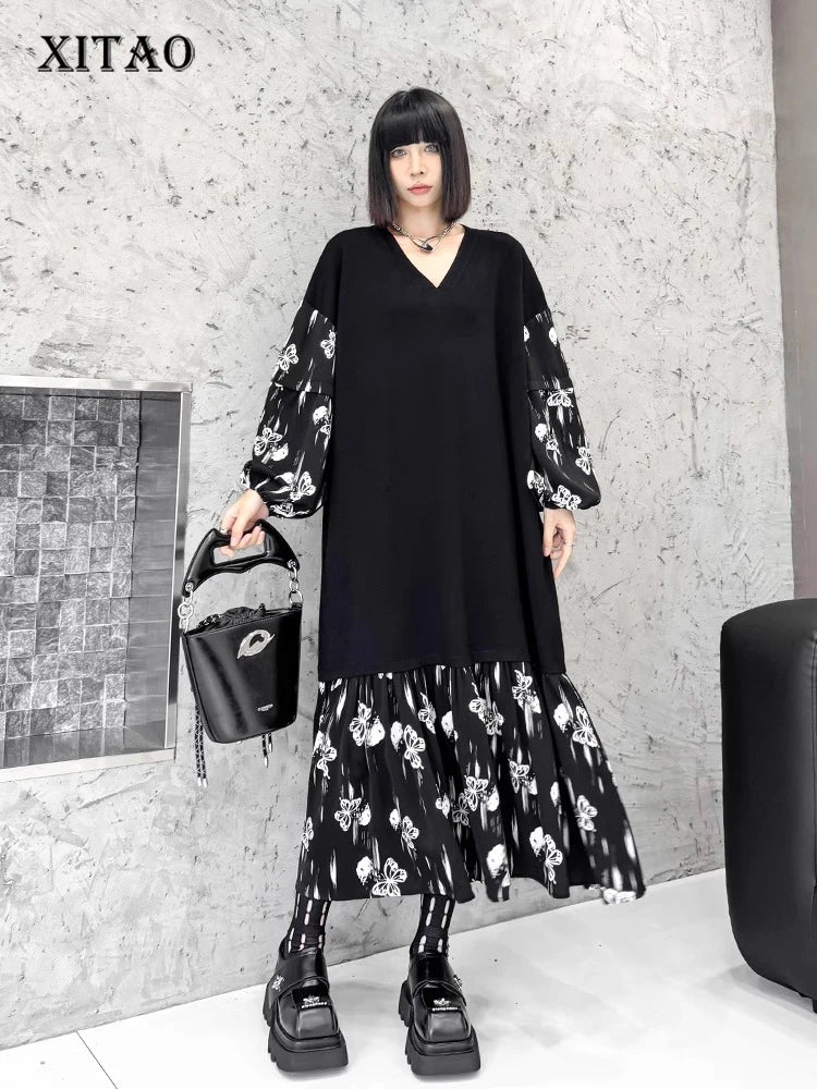 XITAO Butterfly Print Knitting V-neck Dresses Patchwork Long Sleeve Pullover Loose Temperament Fashion Slimming Autumn GJ1100